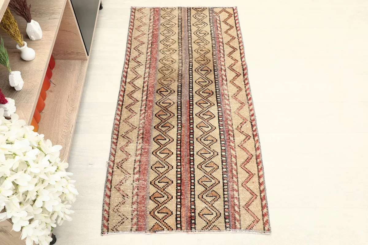 Overhead view of the vintage Anatolian rug showcasing its full pattern and colors