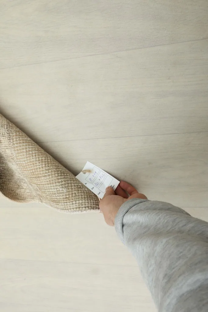 Hand holding a product tag near the folded vintage Anatolian rug, showing its texture