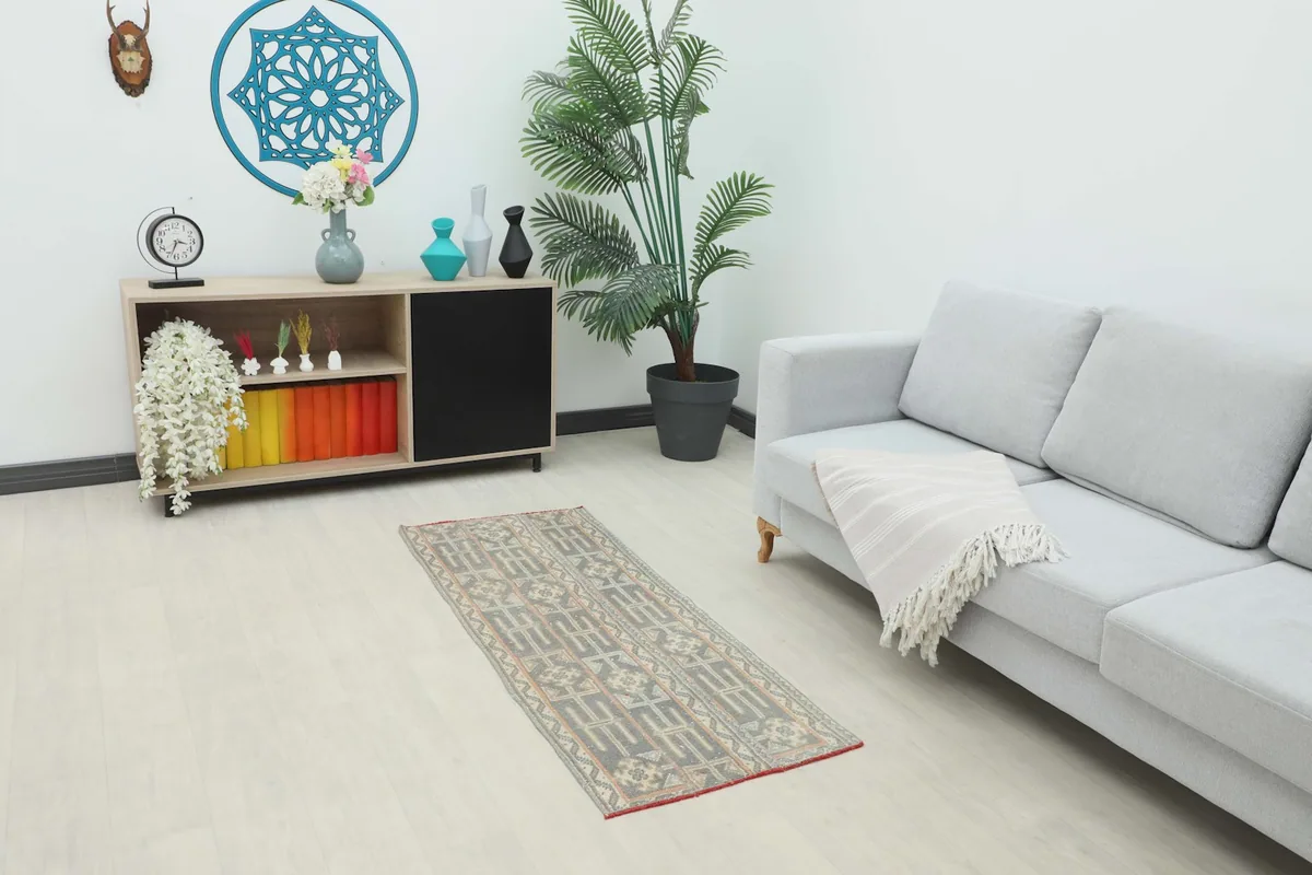 Runner rug displayed in a living room setting with a light gray sofa and plant