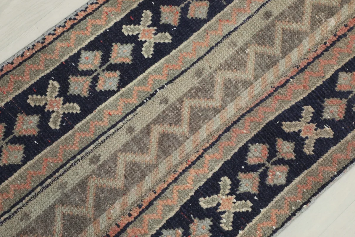 Diagonal close-up of the rug's surface, showing the blend of navy, rust, and gray geometric and zigzag patterns