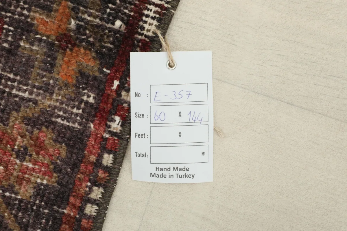 Close-up of the rug's label with size information, confirming it is handmade in Turkey