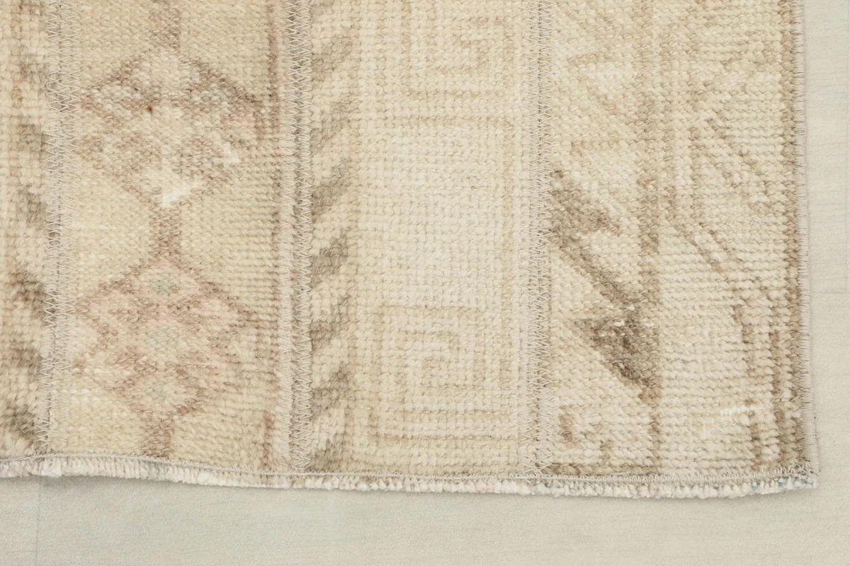 Detailed view of the rug's edge and short fringe, with a focus on the border patterns