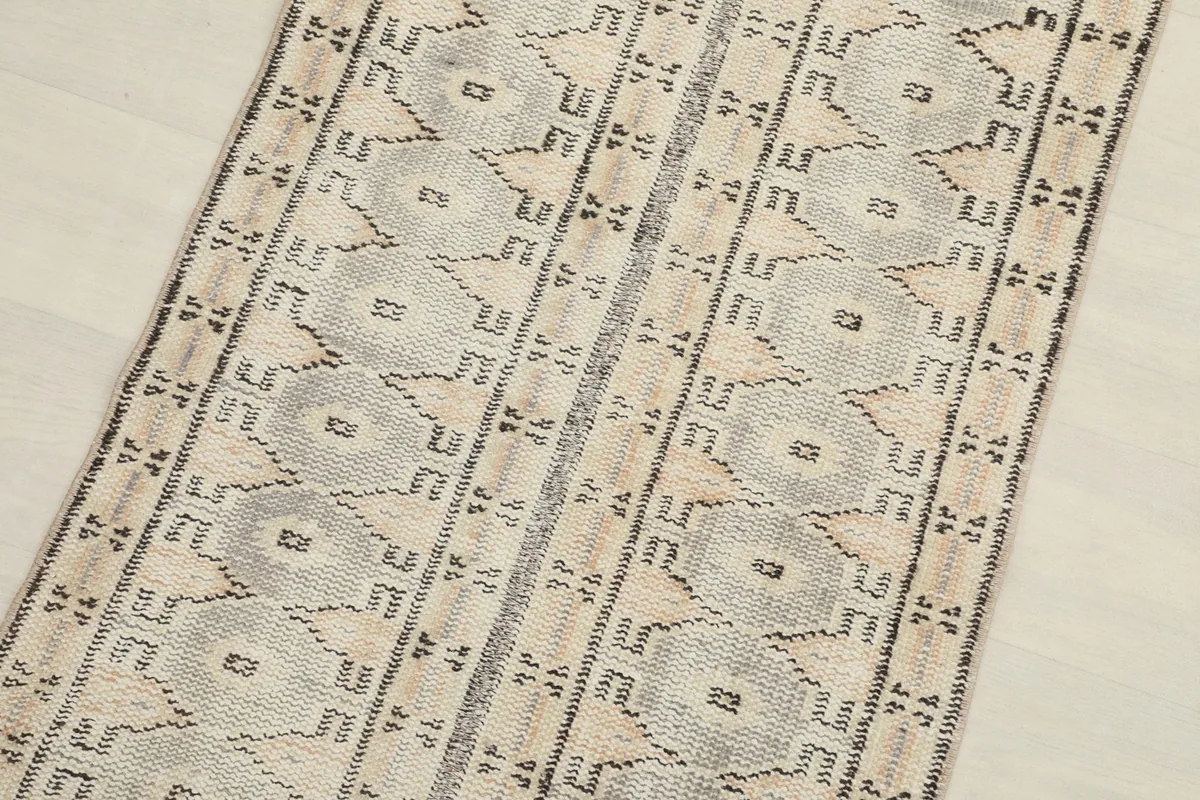 Close-up of the central geometric motifs and color variations in the rug pile