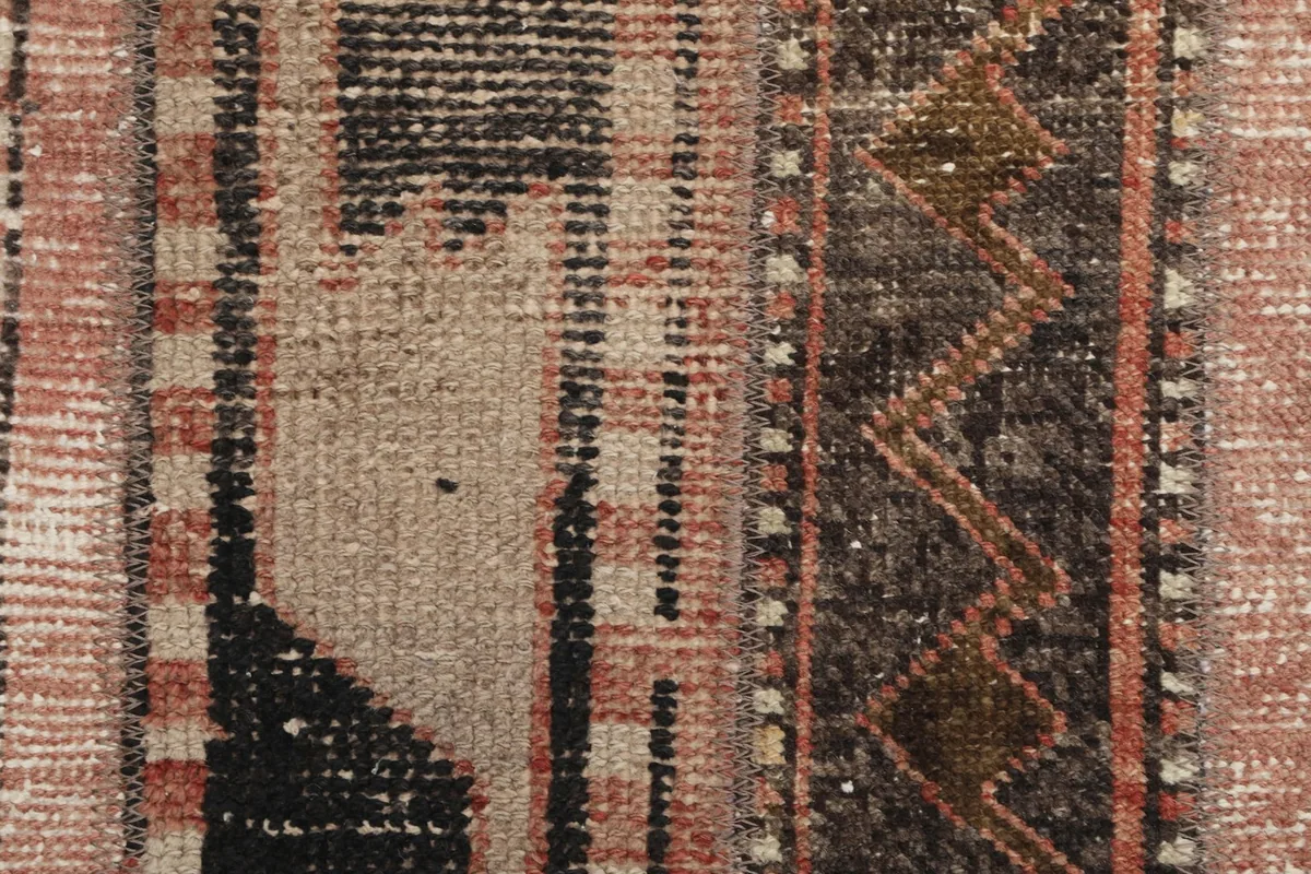 Close-up of the low wool pile, revealing the texture and subtle color variations within the patterns