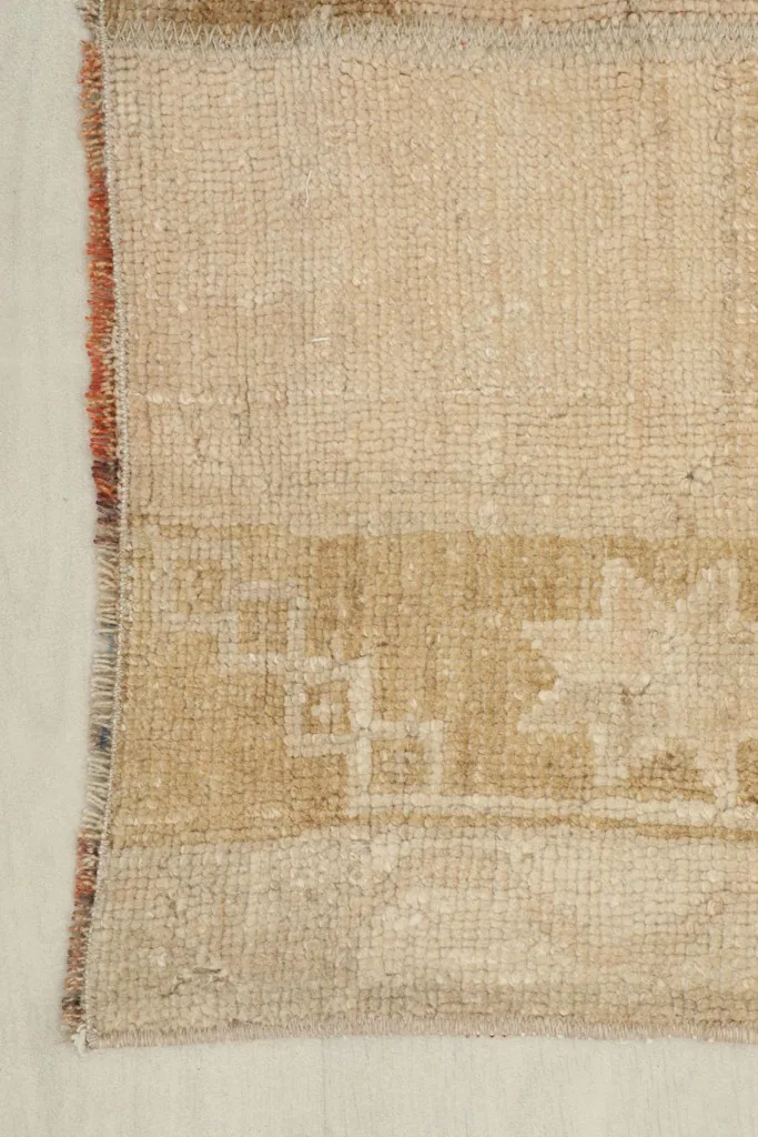 Close-up of the rug's edge, revealing the side finish and some of the muted colors.