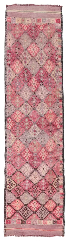 Full top view of the vintage Anatolian runner rug with rose, gray, and beige geometric patterns