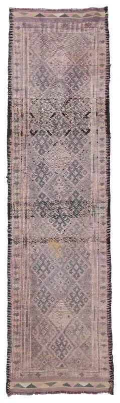 Full top view of the vintage rose and gray geometric runner rug on a white background.