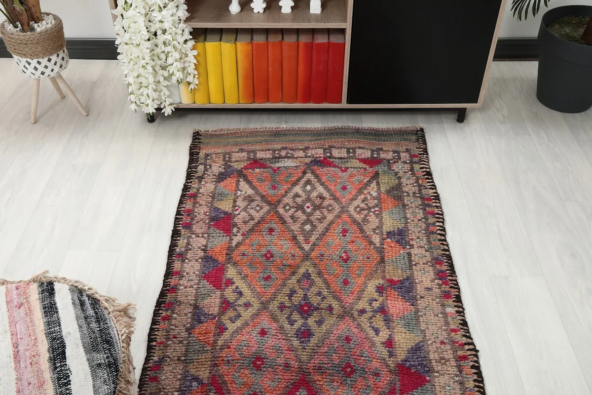 Overhead view of a section of the runner rug in a room, focusing on the central patterns