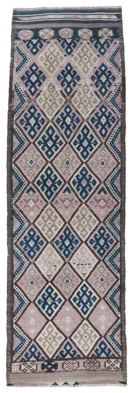 Full top view of the vintage rose and blue geometric runner rug on a white background