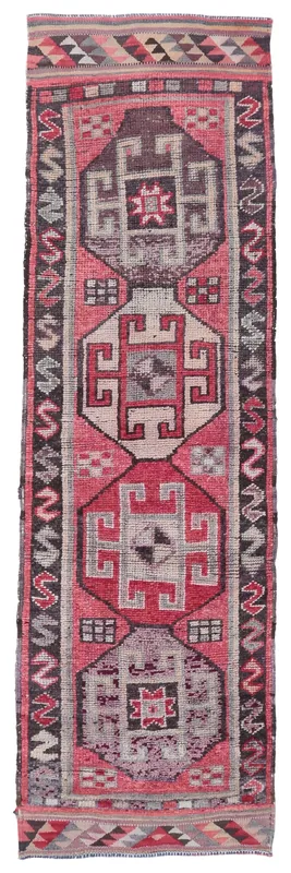 Full top view of the 3'1" x 10'4" rose and gray vintage Anatolian runner rug