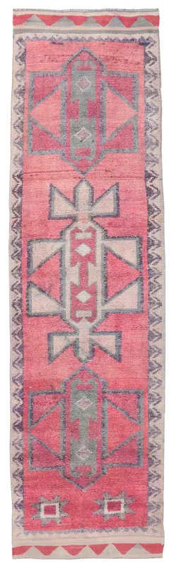 Full top view of the vintage Anatolian runner rug with rose and gray geometric patterns