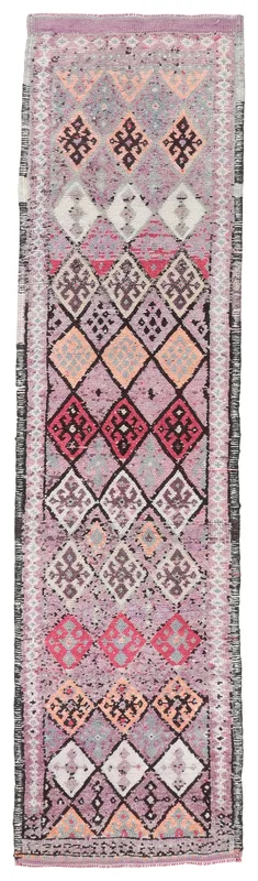 Full overhead view of the 3'1" x 12'1" purple, pink, and gray geometric Anatolian runner on a white background.