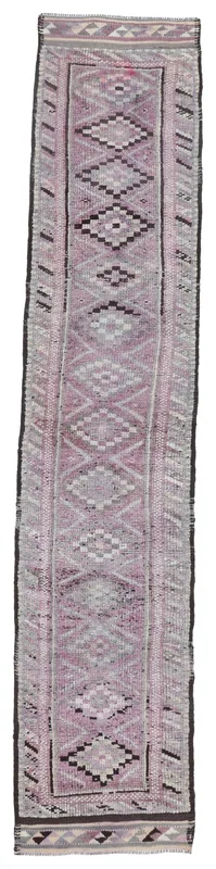 Full top view of the 2'7" x 13'6" rose and gray geometric vintage runner rug on a white background.