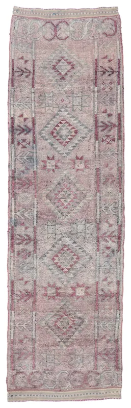 Full top view of the vintage rose and gray geometric Anatolian runner rug