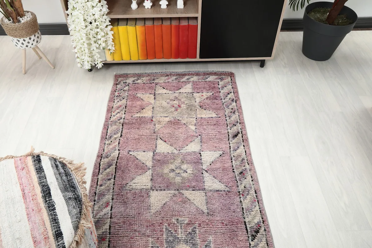 Overhead view of a section of the runner rug, showing the star and tribal patterns
