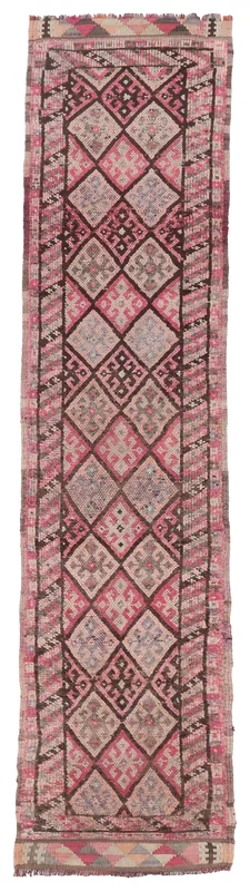 Full top view of the 2'7" x 11'11" rose and brown geometric Anatolian runner on a white background.