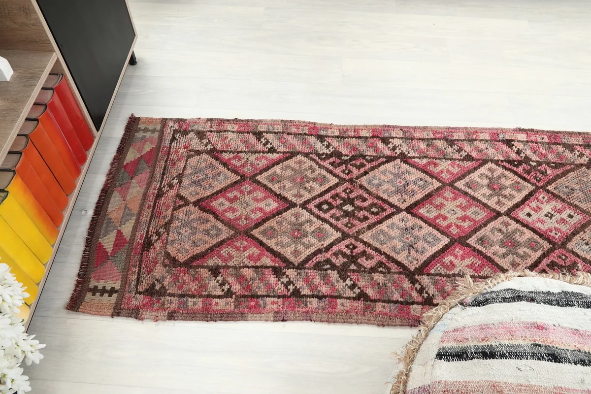 View of the runner rug stretching across a room, emphasizing its length and how it defines the space.