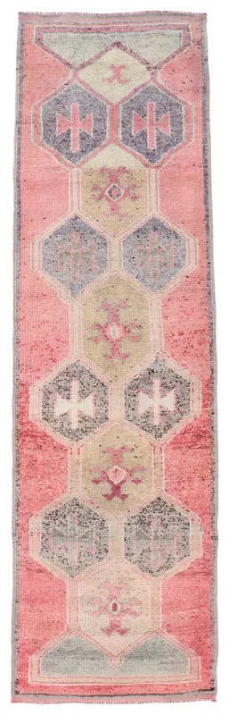 Full top view of the 3'2" x 10'10" rose and gray geometric Anatolian runner rug