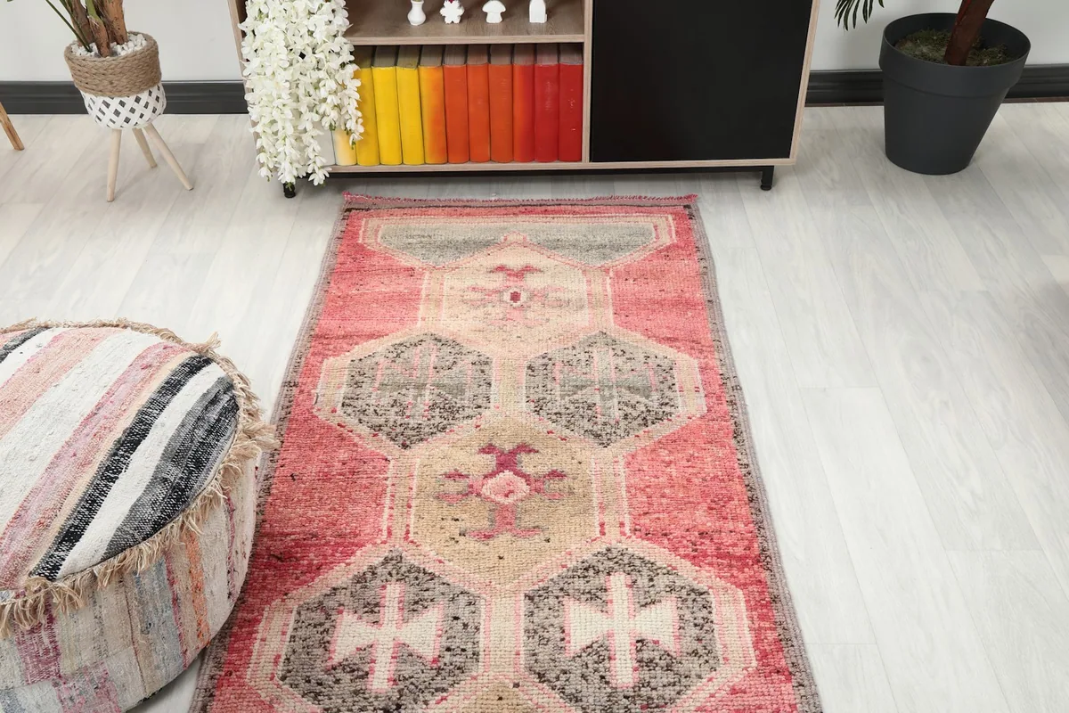 Full overhead view of the runner rug in a room, showing its placement relative to furniture