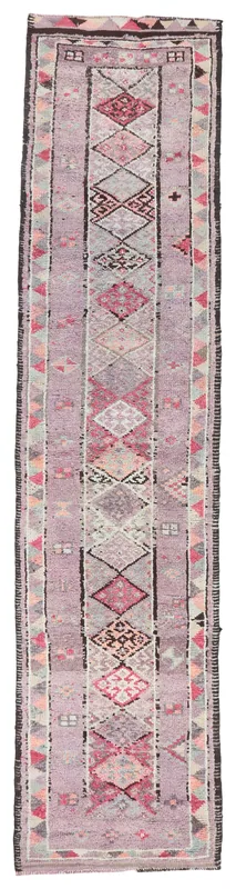 Purple Geometric Anatolian Runner, full top view showing intricate patterns.