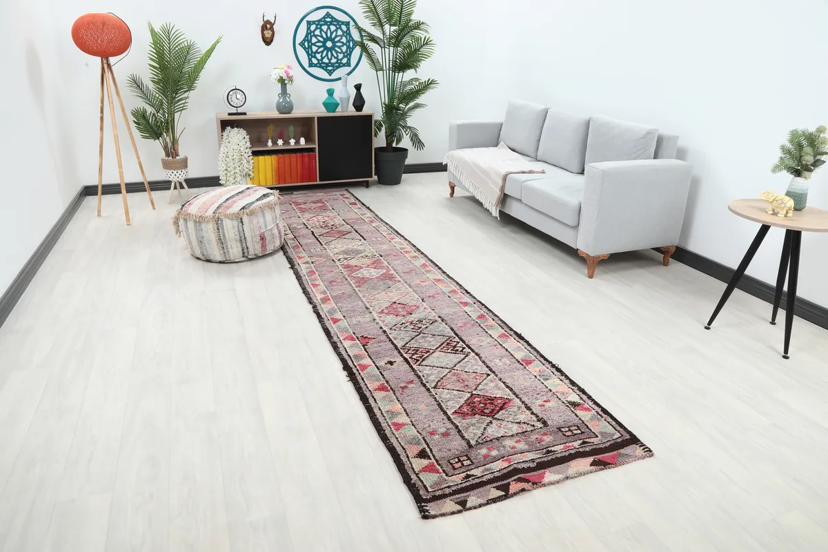 Purple Geometric Anatolian Runner from another angle in a room setting, highlighting its length.