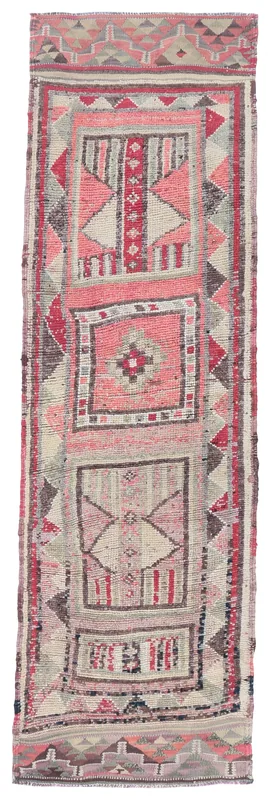 Full overhead view of the 2'10" x 9'8" rose and beige vintage Anatolian runner rug