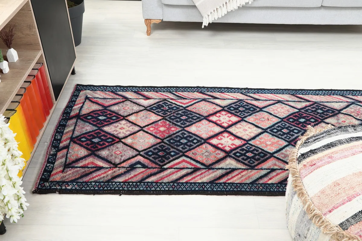 Top-down view of the runner rug in a room, showing its length and placement relative to furniture
