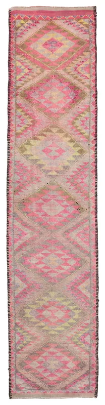 Full top view of the vintage Anatolian runner rug with rose and gray tribal geometric patterns
