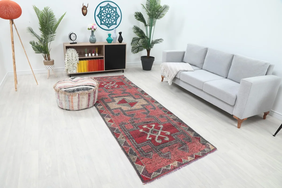Overhead view of the geometric runner rug placed in a living space