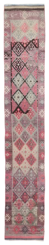 Full overhead view of the 2'2" x 13'6" rose and gray tribal Anatolian runner rug on a white background.