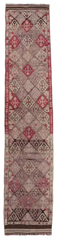 Full top view of the 2'8" x 13'7" vintage Anatolian runner rug with rose, brown, red, and ivory geometric patterns