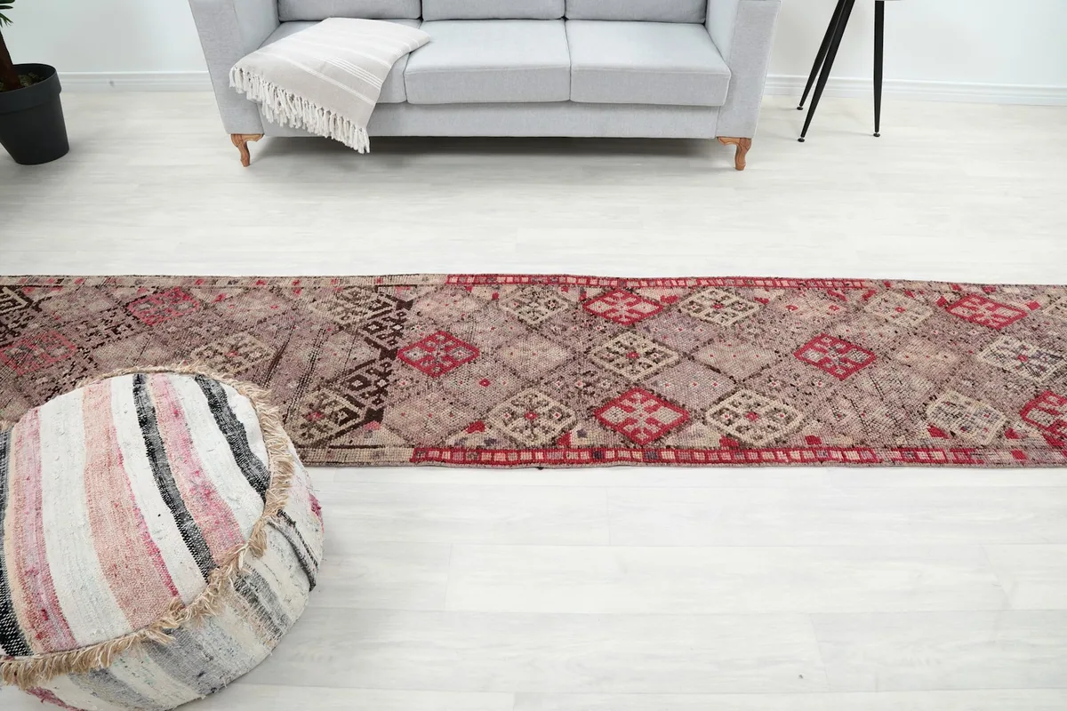 Overhead view of the runner rug in a room, emphasizing its long, narrow shape