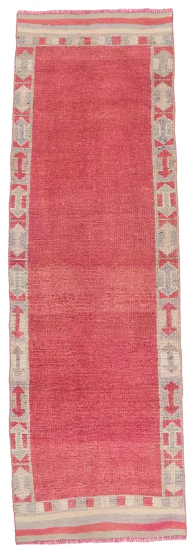 Full top view of the 3'2" x 11'3" rose runner with a geometric beige and gray border on a white background.