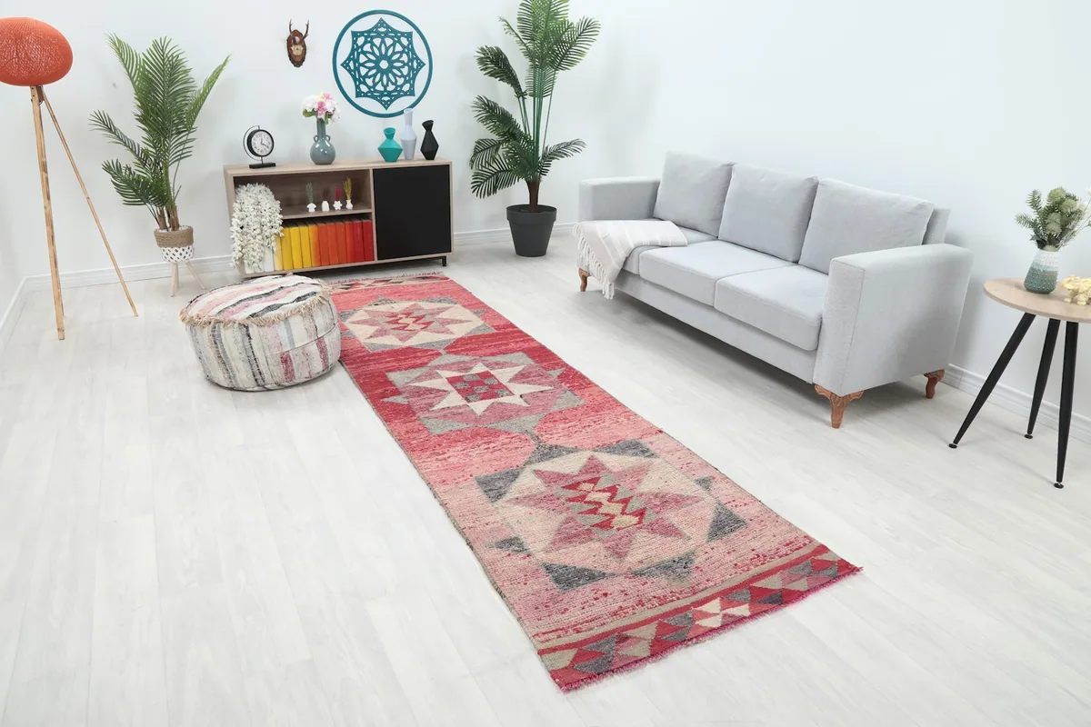 Angled view of the runner in a living room, highlighting its placement and scale