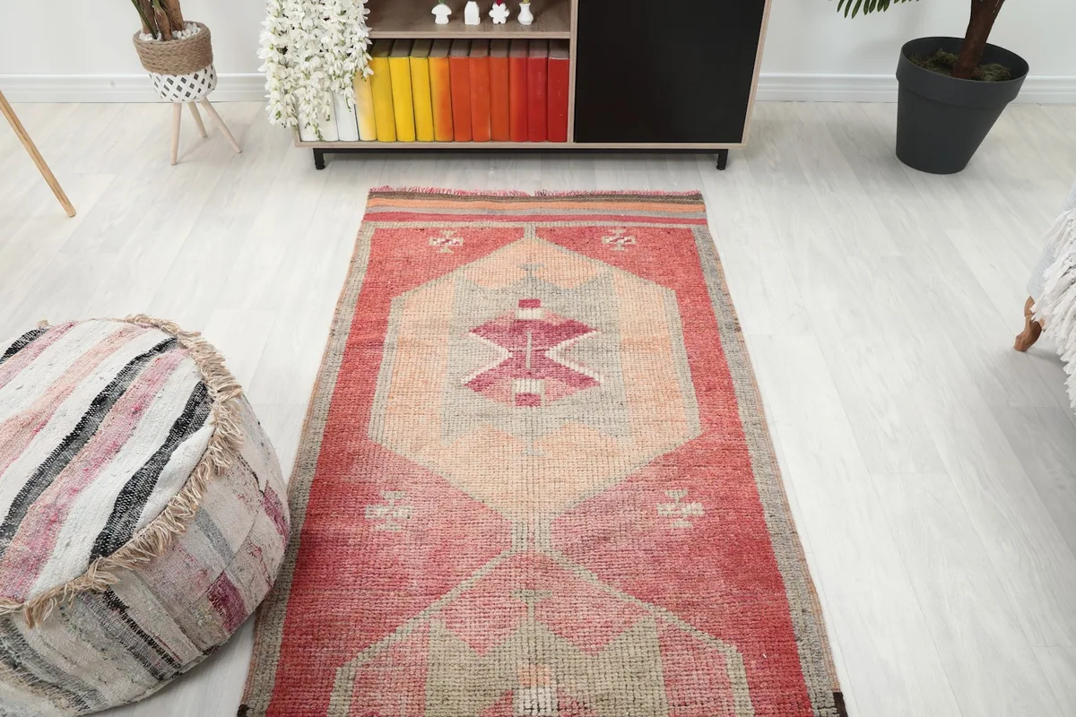 Overhead view of the runner rug in a room, showing its full pattern from a higher perspective