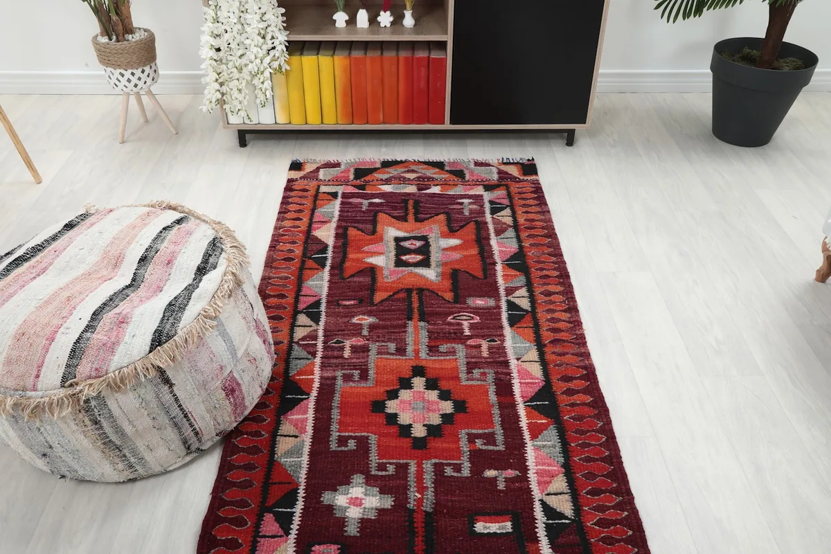 Overhead view of the runner rug in the room setting, showing its placement relative to furniture