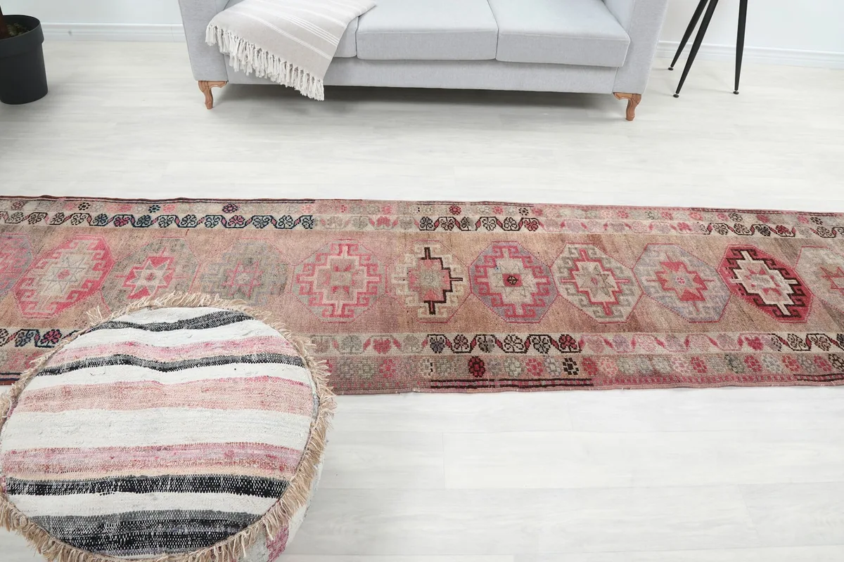 Overhead shot of the runner rug, capturing its full pattern repeat and color transitions from a higher perspective.