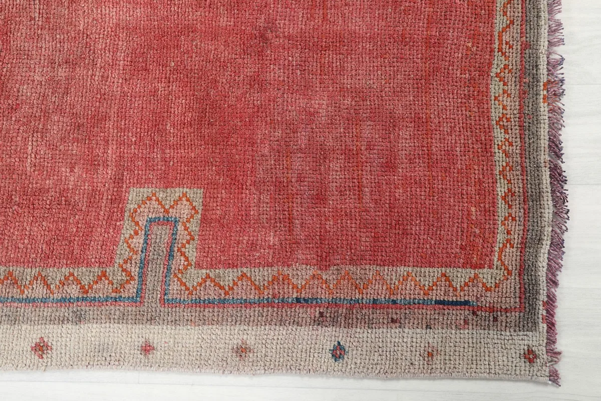 Detailed view of the rose field and the beige border with navy and rust geometric patterns.