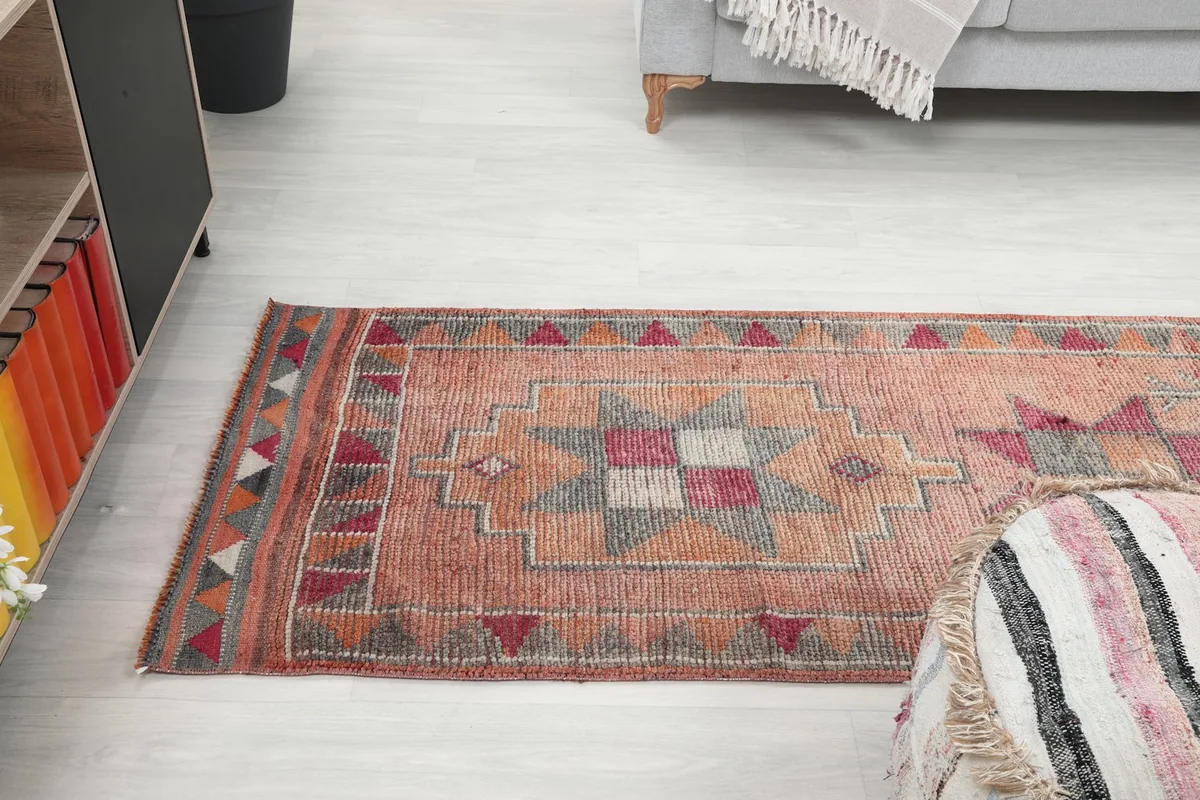Runner rug placed in a room, showing its alignment with furniture and overall scale.