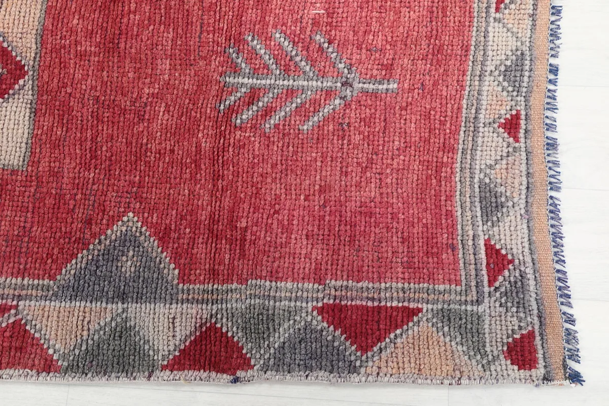 Detailed view of the red field and gray and tan geometric border motifs