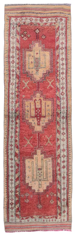 Full top view of the 3x11 red and tan geometric Anatolian runner on a white background