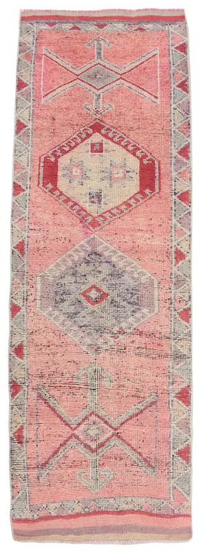 Full top view of the 3x9 rose geometric Anatolian runner rug on a white background.