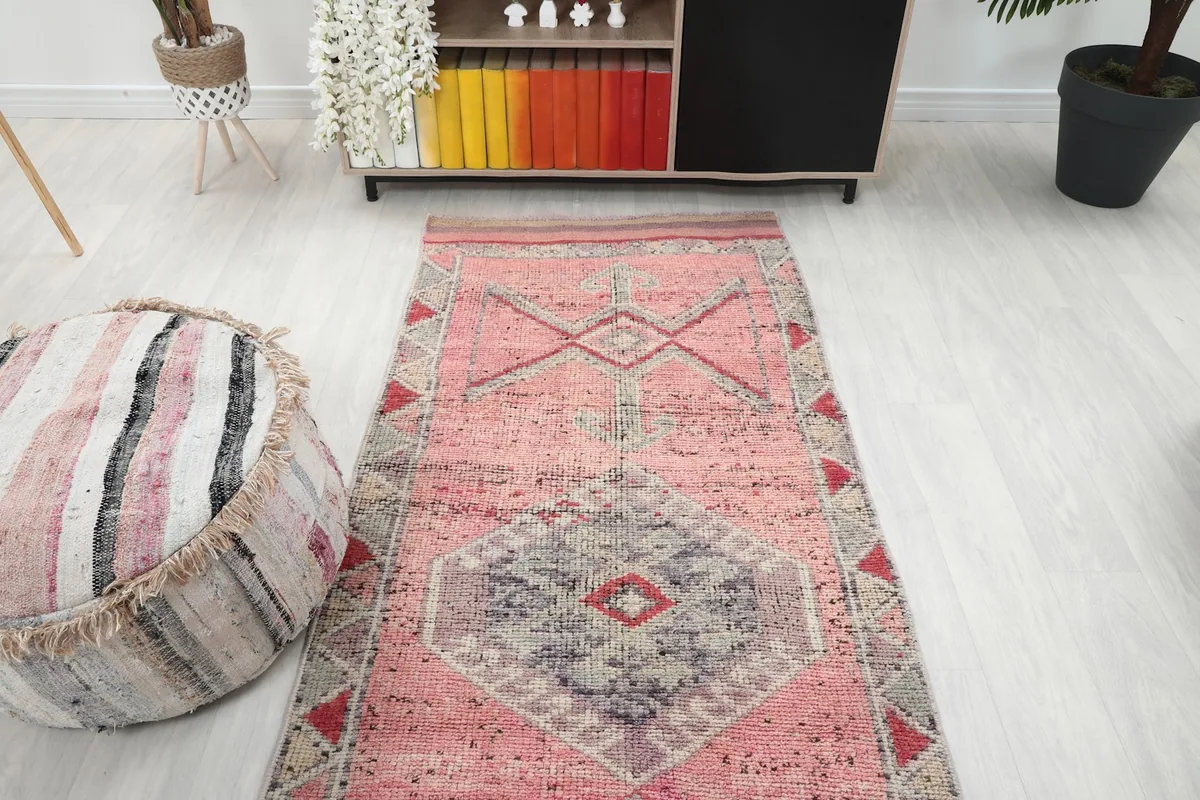 Overhead view of the runner rug in a room, capturing its full pattern and colors.