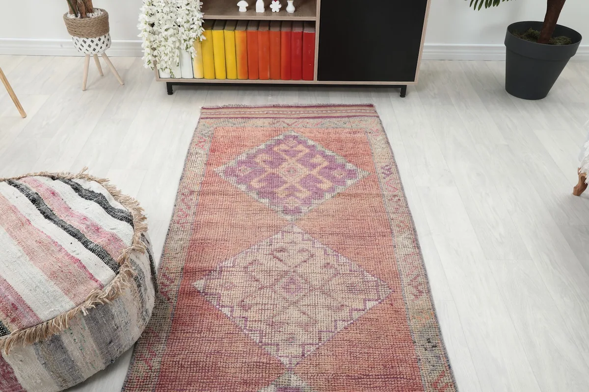 Overhead view of the vintage runner rug in a room, highlighting its position and design