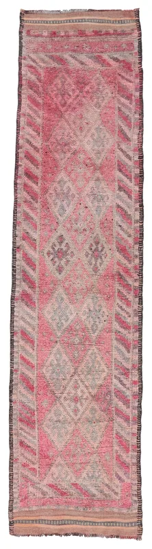 Full overhead view of the 2'10" x 11'4" vintage Anatolian runner rug with faded red geometric patterns.