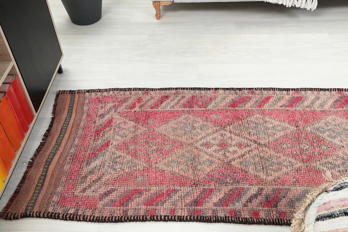 View of the faded red runner rug extending through a hallway or living area, showing its length.