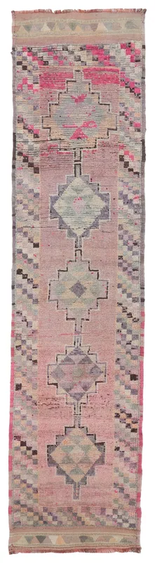 Full top view of the 2'11" x 12'2" vintage Anatolian runner with rose, gray, and cream geometric patterns.