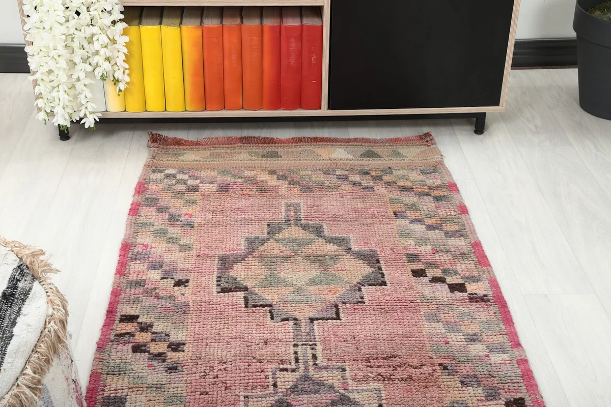 Top-down view of a section of the runner rug in a room, showing its interaction with furniture.