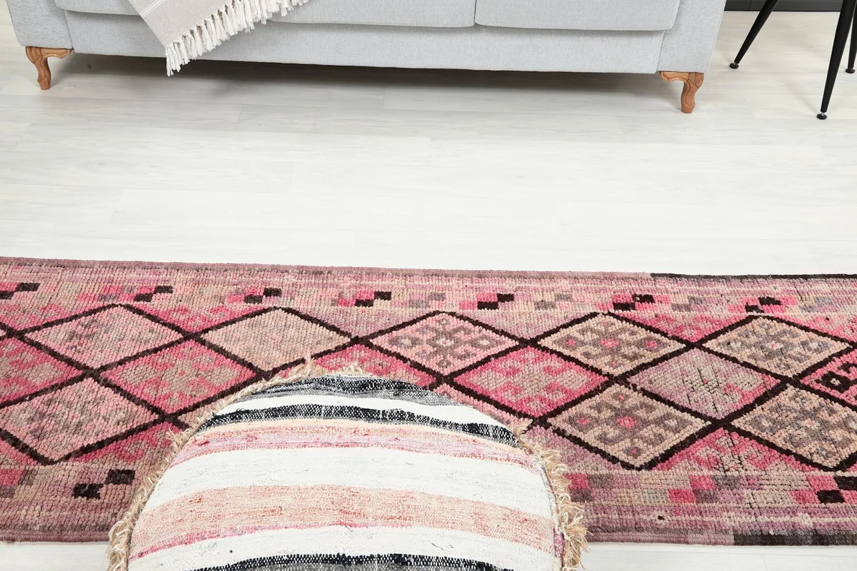 Runner rug in a room, showing its length and how it complements a sofa and ottoman