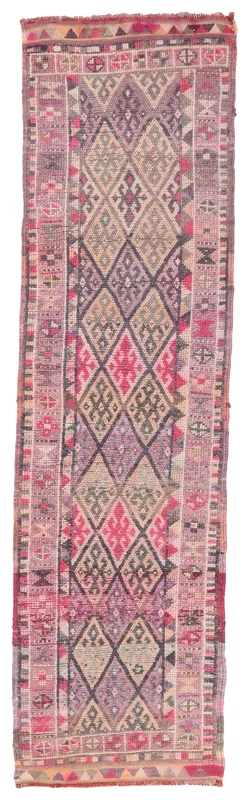Full overhead view of the Purple Rose Geometric Anatolian Runner on a white background